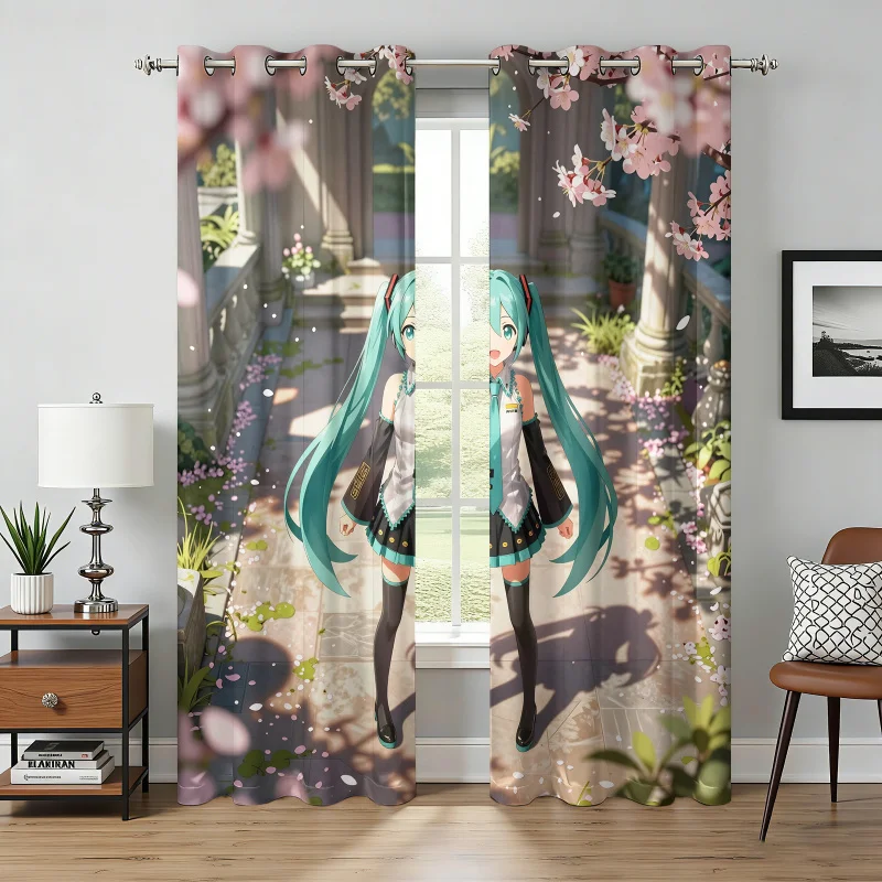 初音ミク-桜の花の庭-遮光カーテン-ティールヘア-アニメガール-ウィンドウドレープ-ティーンルーム-eスポーツルーム装飾-ファンへのギフト