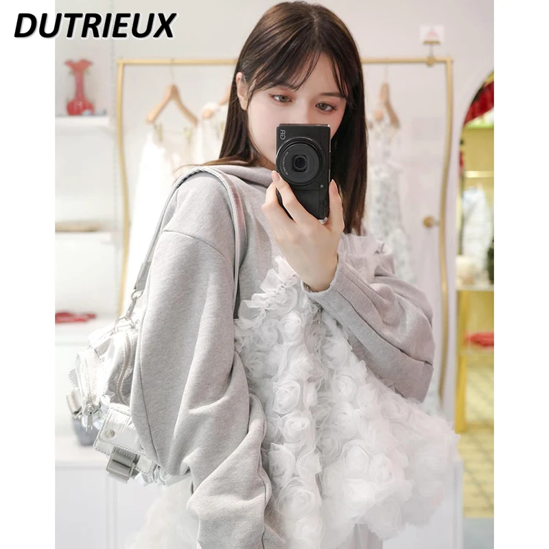 Japanese Flowers Mesh Splicing Hooded Sweatshirt Spring and Autumn New Loose Sweet Gray Pure Cotton Women's Hoodies Pullover