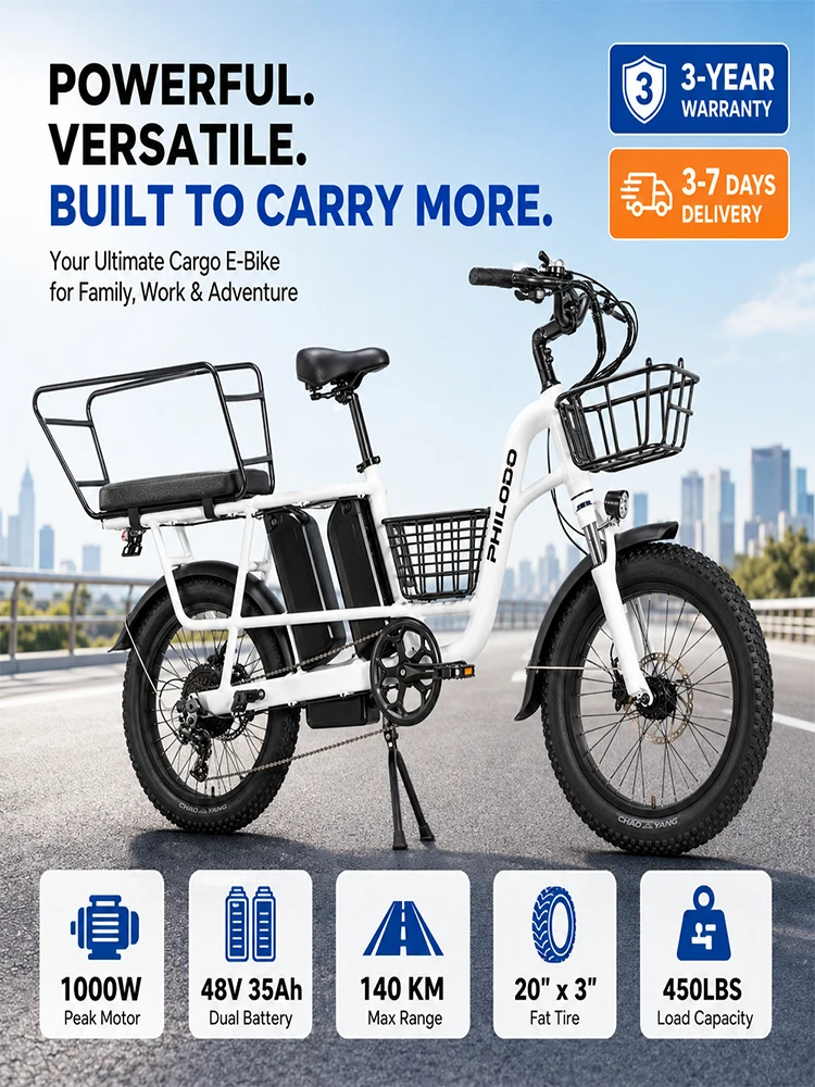 Erwachsenen-Elektrofahrrad 1000W Spitzenmotor 48V35Ah Doppel-Lithium-Akku 20-Zoll-Reifen E-Bike 7-Gang-Schaltung Vorderradaufhängung LCD-Display USB-Ladegerät Aluminiumrahmen Lasten-E-Bike