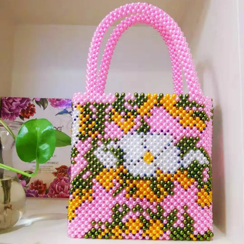 New Pearl Handmade Fashion Colorful Pattern Woven Retro Beaded Bag Large Capacity Beach Summer Designer Handbags High Quality