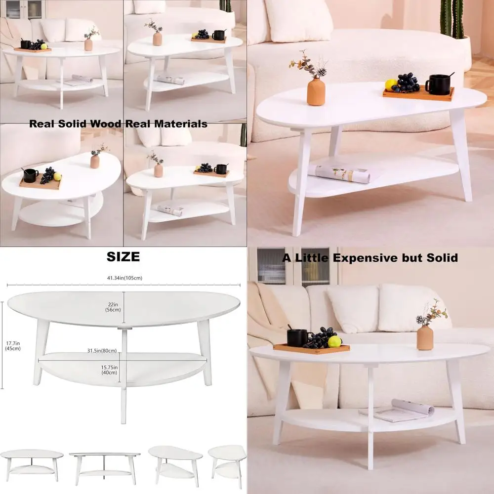 

Овальный 2-х уровневый журнальный столик из массива дерева, современный середины века, 40,2 x 22, белый для домашнего офиса и гостиной