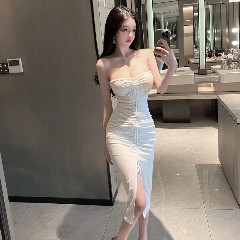 2025 verano mujer Sexy temperamento plisado envuelto pecho espalda descubierta ajustado Color sólido envoltura nalgas Split vestido de longitud media CAQM