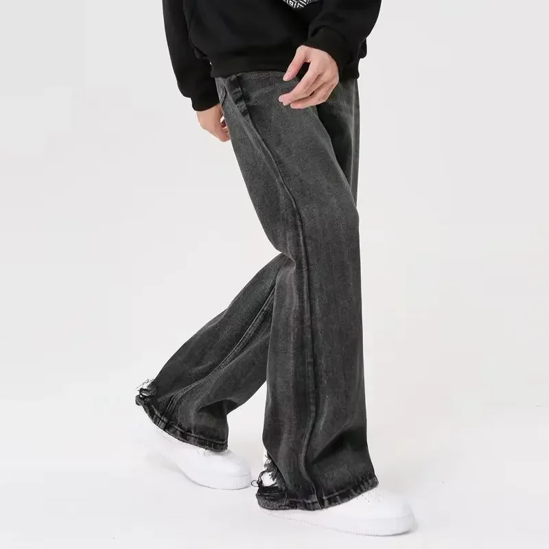 리비엘리 사계절 남성 한국 루즈 스트레이트 블랙 진 팬츠 캐주얼 트렌디 와이드 레그 홀 하이 스트리트 데님 트라우저 남성 S