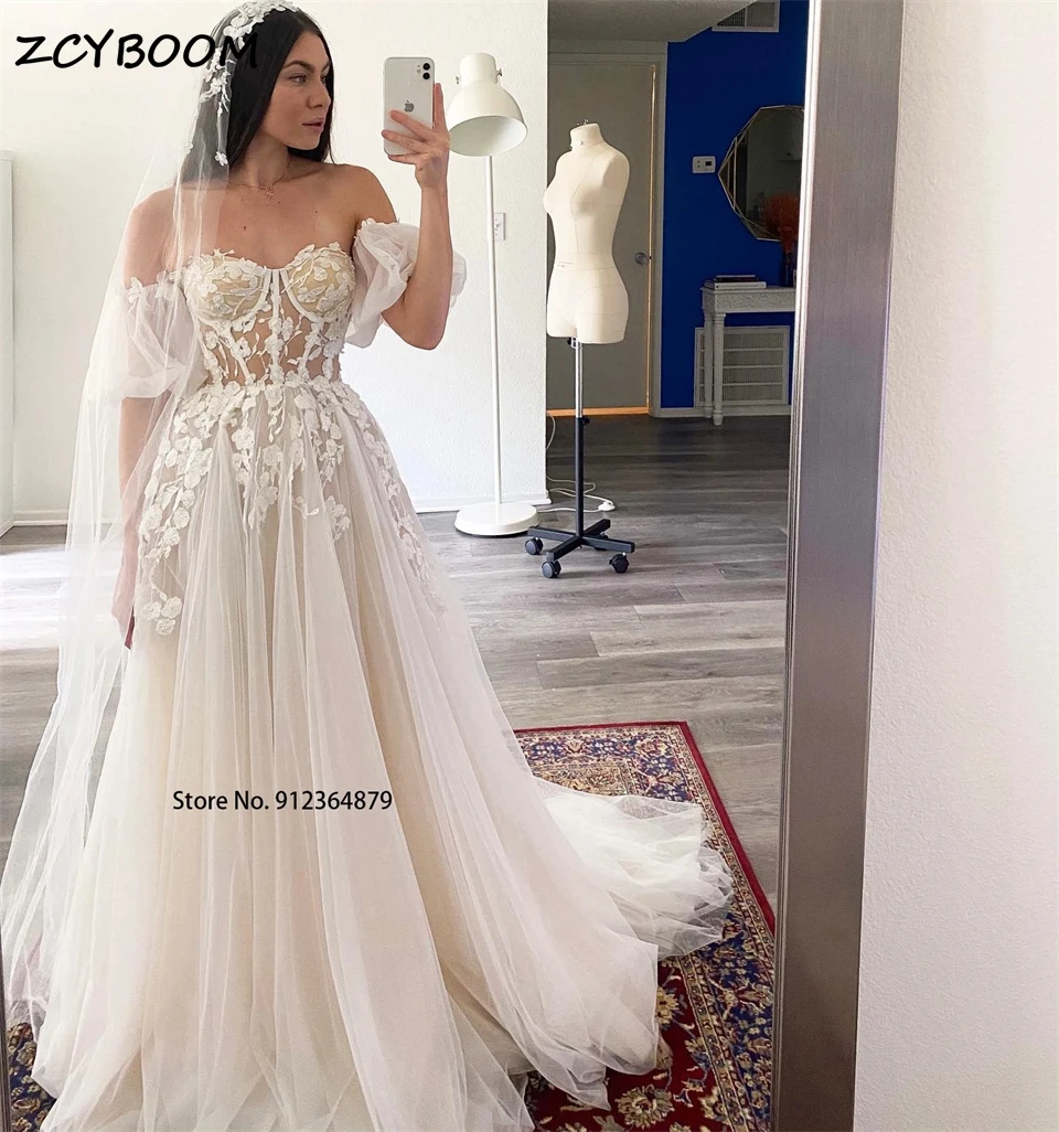 

Elegant Sweetheart Neck off Shoulder Tulle Appliques Wedding Dresses For Women 2024 Court Train Bridal Gowns Vestido De Noiva