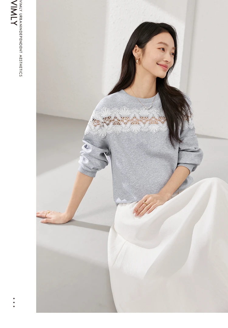VIMLY Women's Sweatshirt 2025 Spring Autumn Casual Fashion Splicing Hollow Lace Grey Long Sleeve Loose Top Ladies Clothes A0513