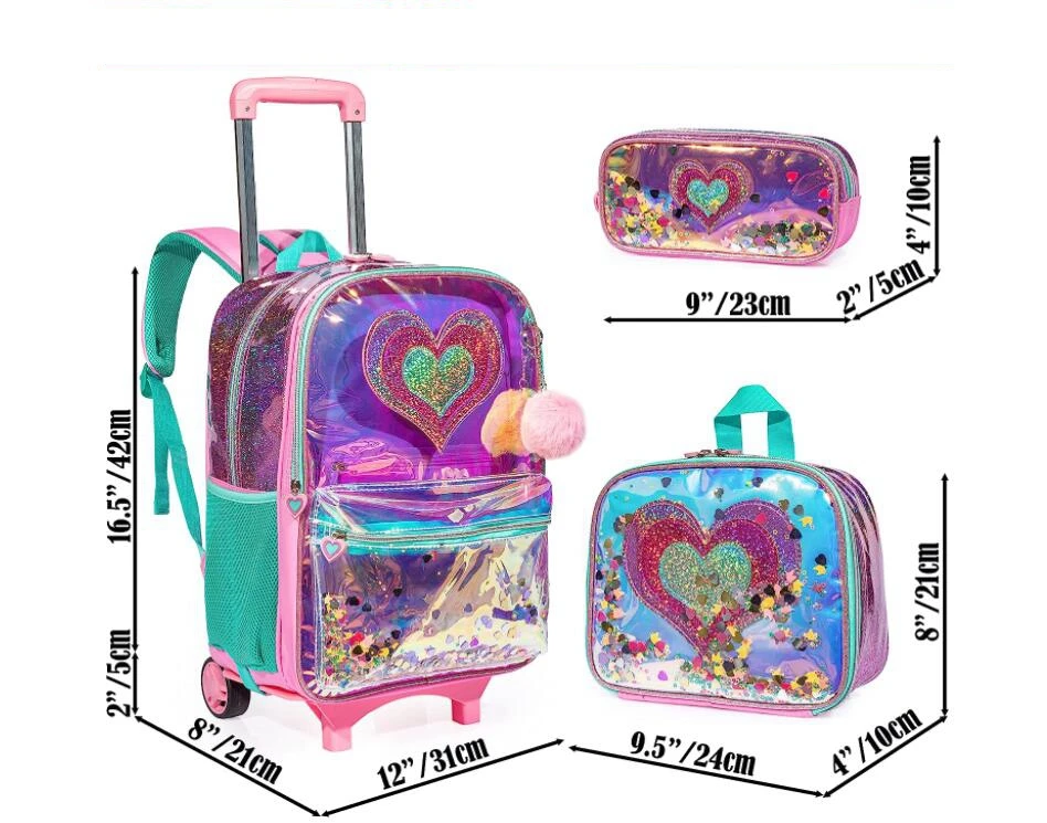 School Trolley Bag Set for girls School Rolling Backpack Bag 2 Wheels School Wheeled Backpack Kids Rolling Backpack Trolley Bags