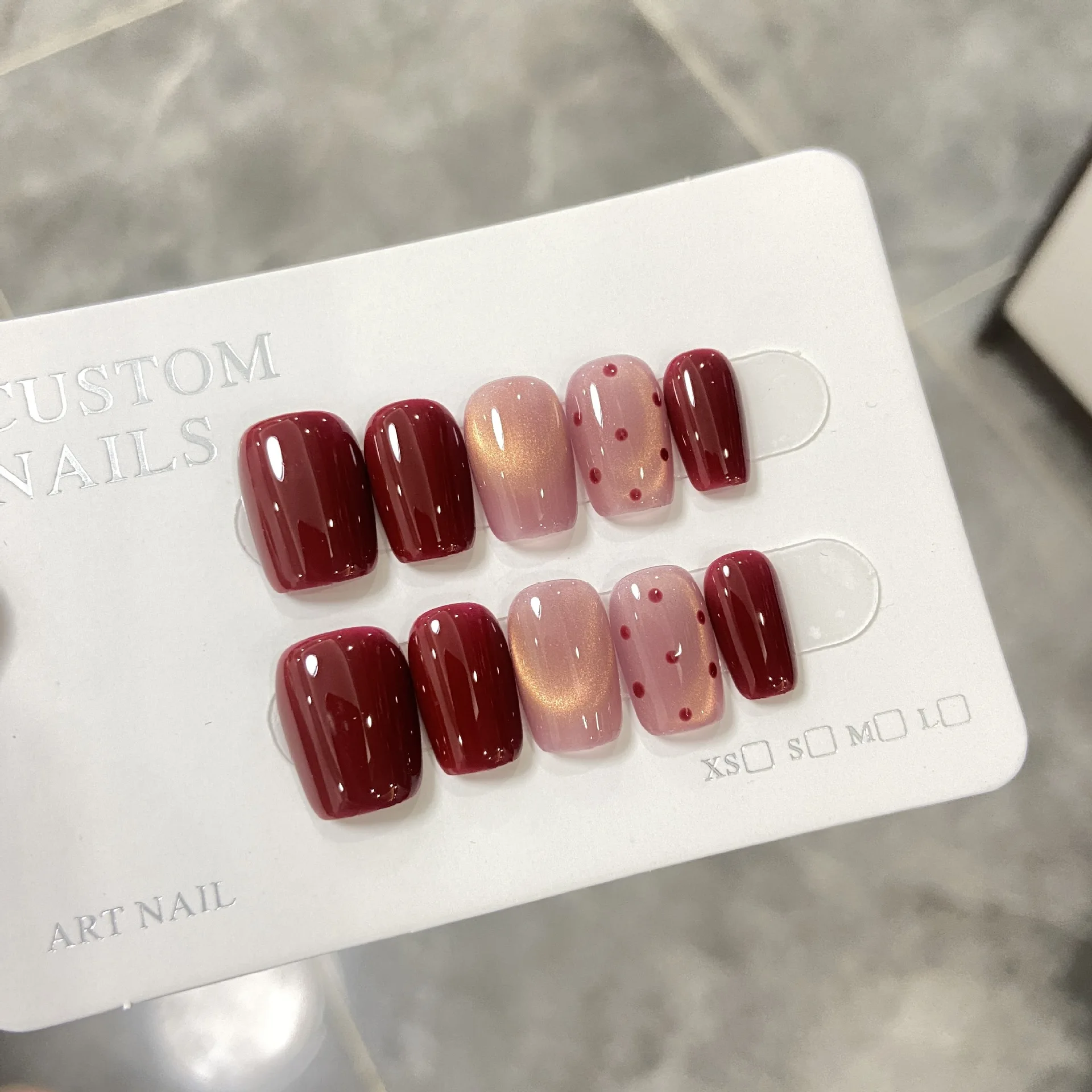

10Pcs Handmade Press on Nails Red Polka Dot Autumn Cat's Eye Full Coverage Nail for Women&Girl Removable Wearable False Nail