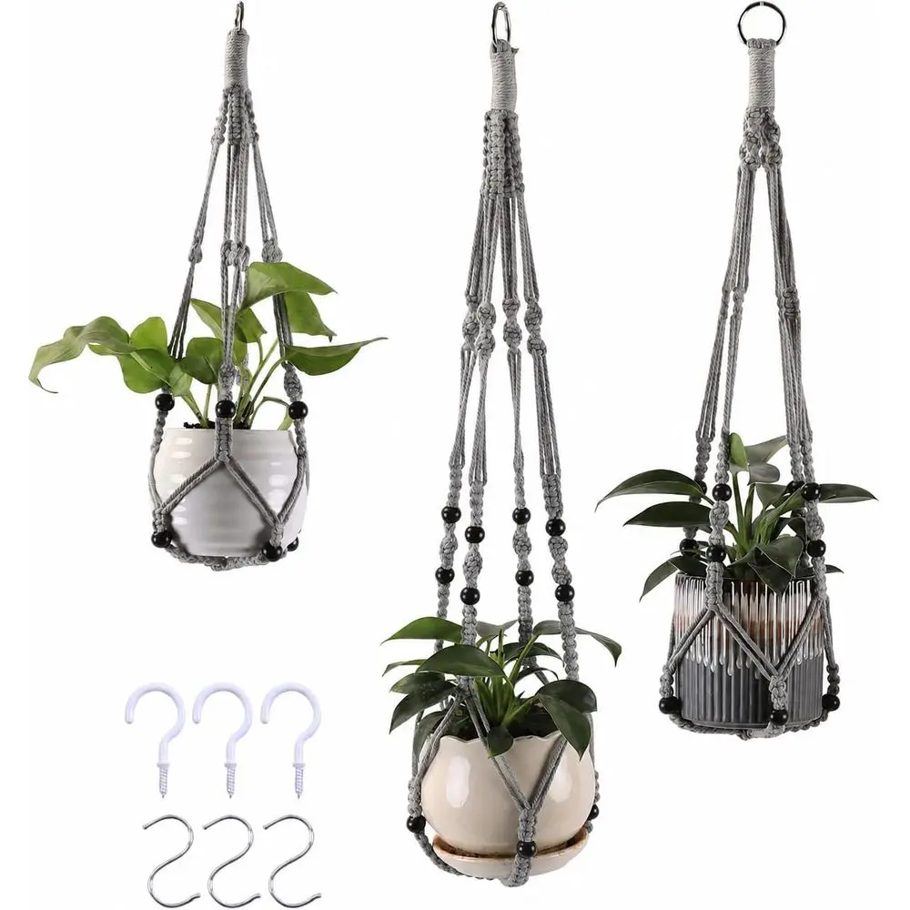 Plant Hangers with Beads or Indoor and Outdoor, 3 Pack | Gray, 35/30/24 in, 6 Ceiling Hooks Included, Hanging Plant Holders or L