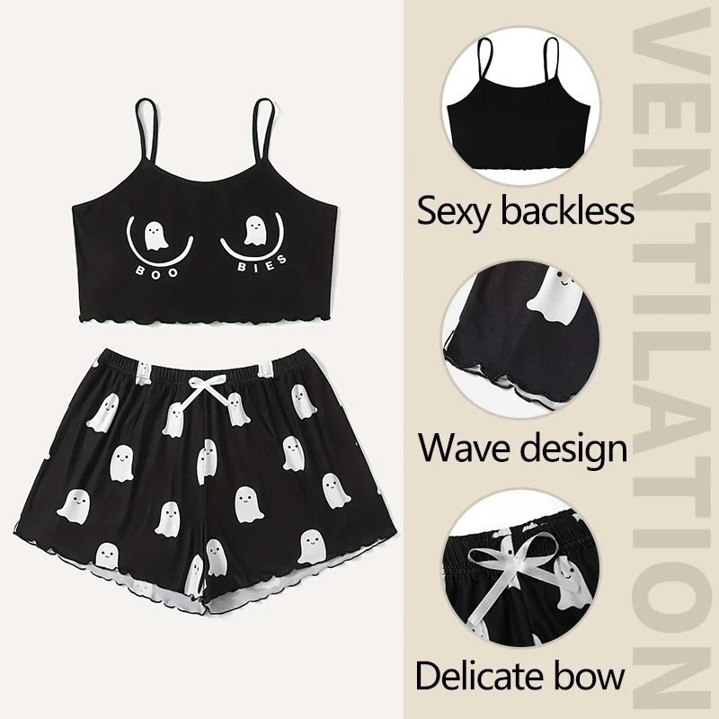 Women Pajamas Sleepwear Pajama Set Sports Camisole And Shorts S M L Black Cartoon Print Print Ventilate Casual Soft