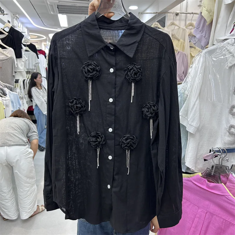 3D Flowers Diamonds Tassel Women Cardigans Top Spring Summer Long Sleeve Blouses All-match Single-breasted Cotton-linen Shirts