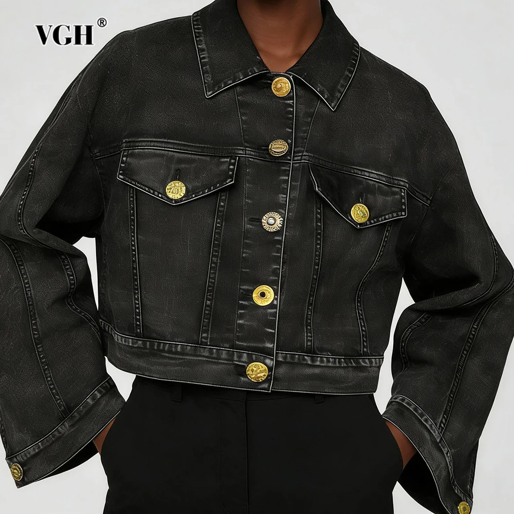 

VGH Casual Slimming Solid Short Denim Jackets For Women Lapel Long Sleeve Spliced Autumn Temperament Jacket Female Fashion New