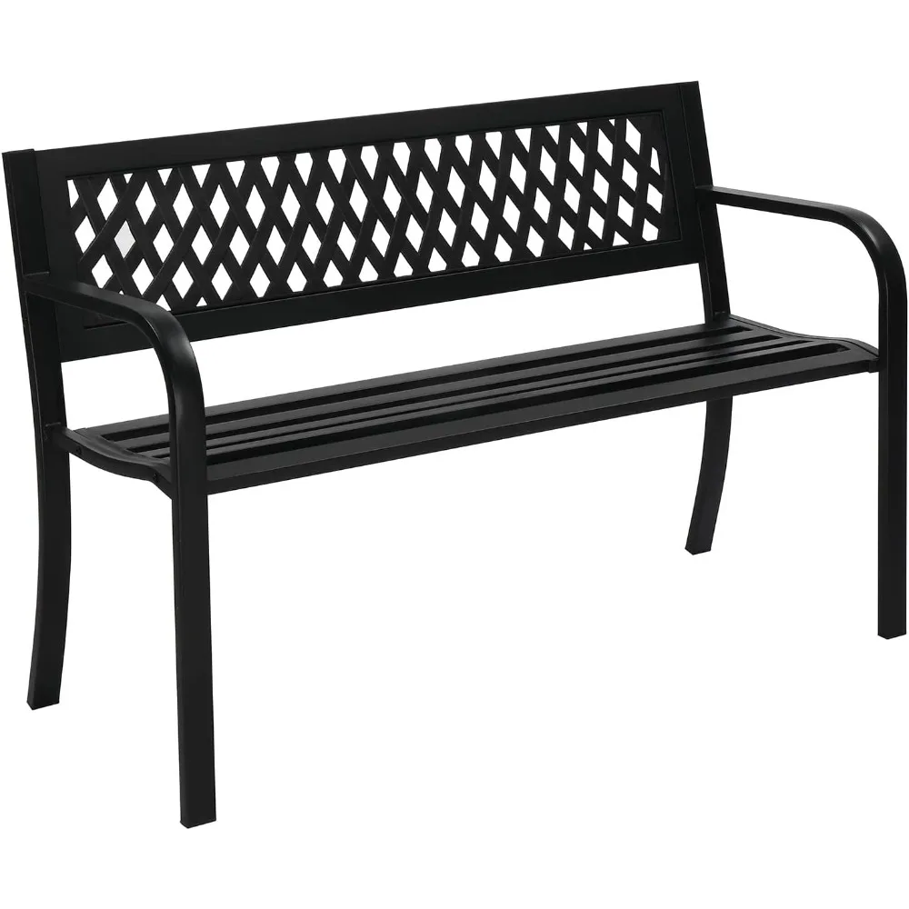 

Outdoor Bench Porch Patio Metal Garden w/PVC Back, Steel Black Outdoor Bench Park Bench for Yard Lawn Decor D