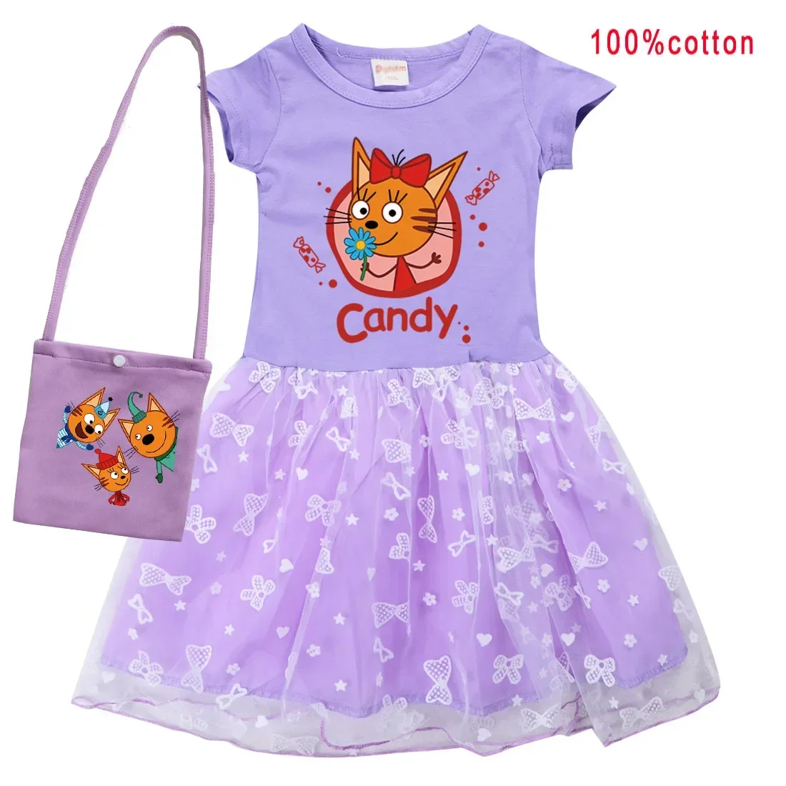 Kid-e-cats Dress Kids Three Kitten Russian Cartoon Clothing Baby Girl Halloween Costume Dresses Children Princess Vestidos & Bag