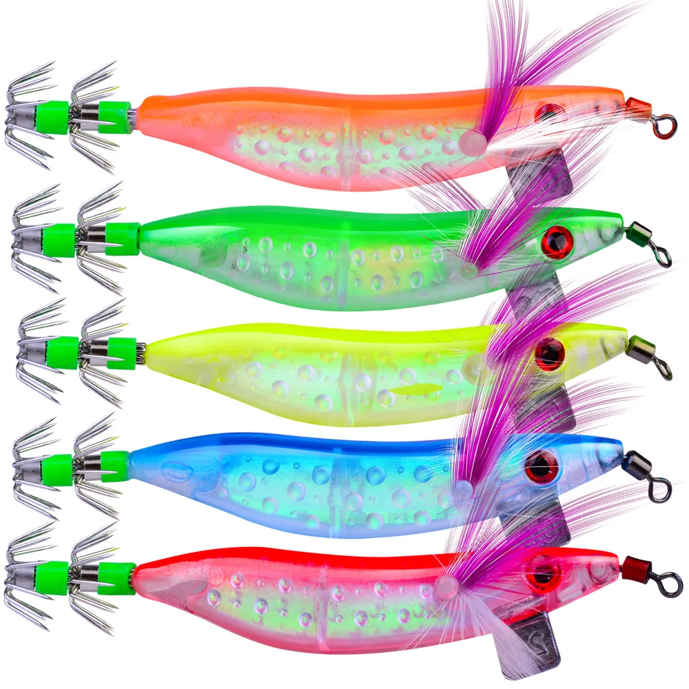 5pcs/lot  2.0 Pesca Luminous Squid Hook Squid Jigs Lure 10CM-9.1g Octopus Cuttlefish Wood Shrimp Hard Baits for Sea Pesca