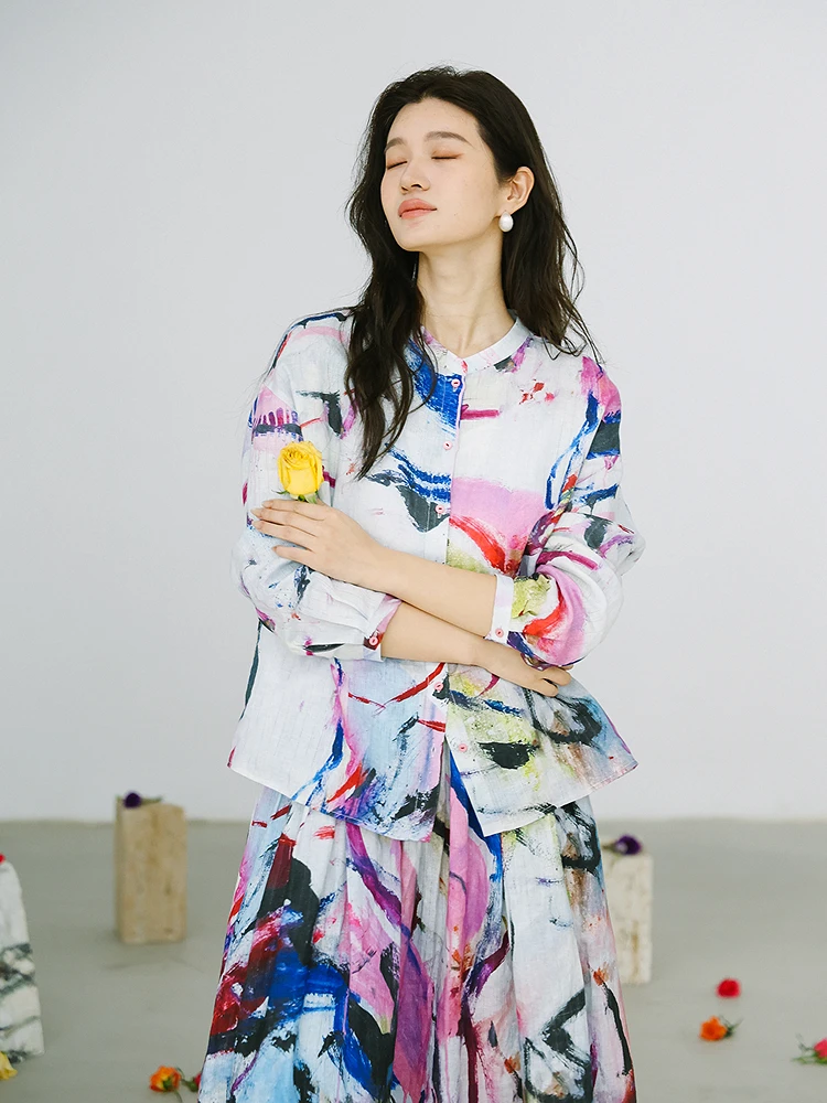 

Zijun Collaborative Series Floral Linen Long Sleeve Shirt Vertical Stripe Print Casual Loose Fit Women's Skin-friendly Breath...