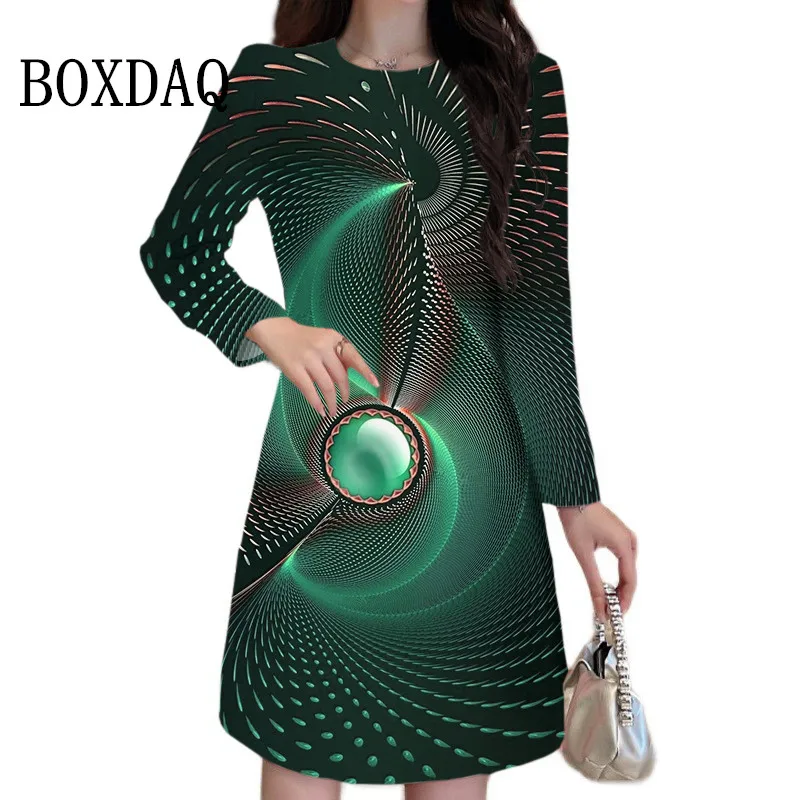 New 2023 Autumn Dresses Elegant Ladies Street Digital Optics Print Dress Women Clothing Loose Casual Oversized Long Sleeve Dress