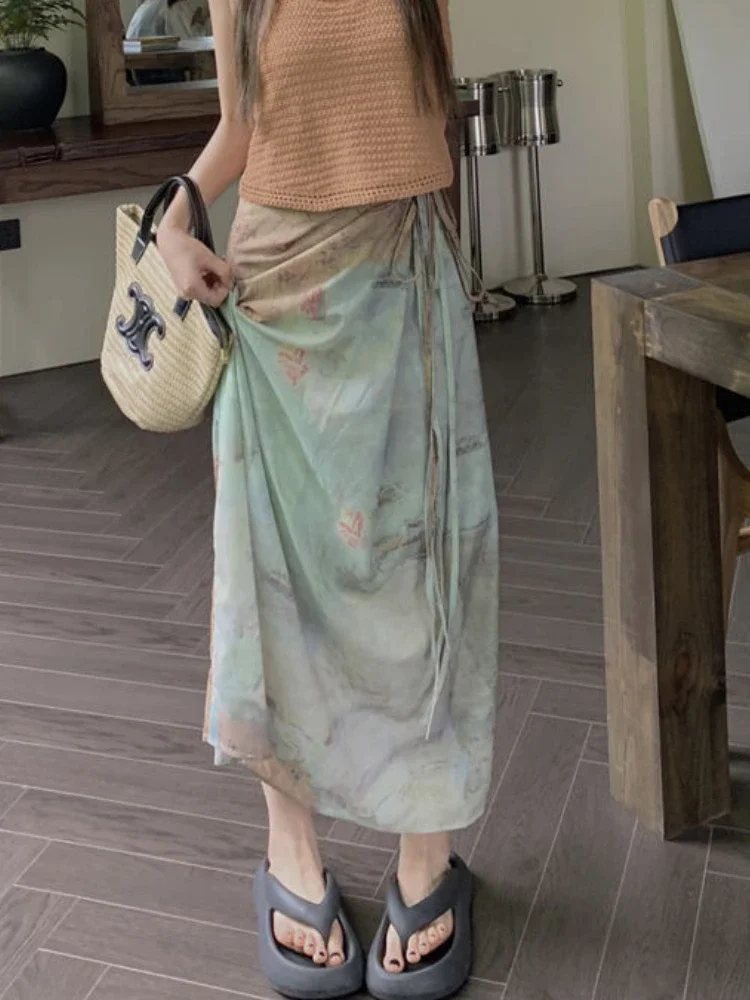 Skirts Women Tie Dye Design Chic Simple High Waist All-match Vintage Cozy Elegant Summer Chinese Style A-line Temperament Tender