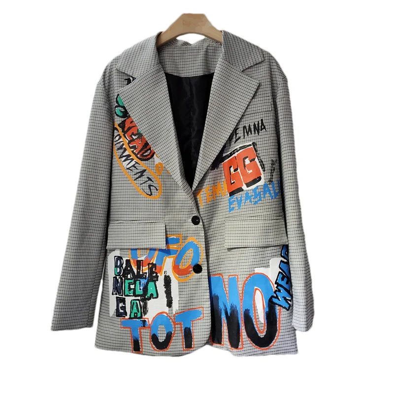 Spring Autumn Graffiti Letters Loose Mid Long Suit Jacket Women Outerwear Female Big Pocket Plaid Blazer Ladies Chaqueta Mujer