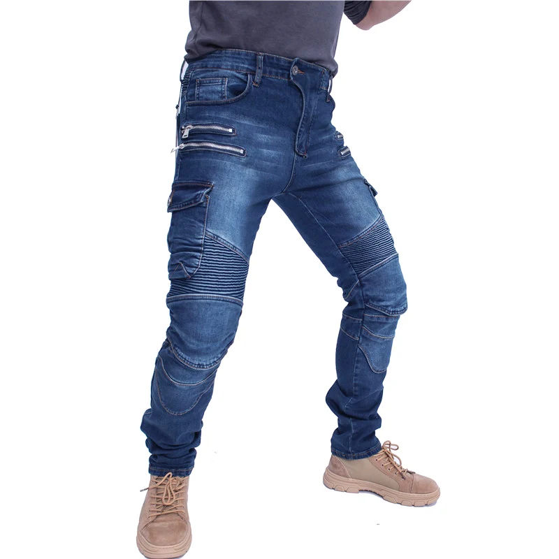 Double Zipper Metal Style Motocross Moto Trousers Men Outdoor Riding Jeans With Protective Gear Motorcycle Pants Three colors