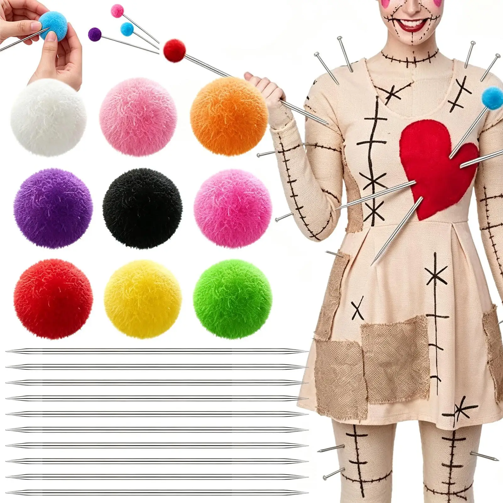 10 Sets Voodoo Doll Pins Kit 9.8 Inch Sewing Needle Colorful Pompoms Accessory Halloween DIY Craft Cosplay Prop for Women