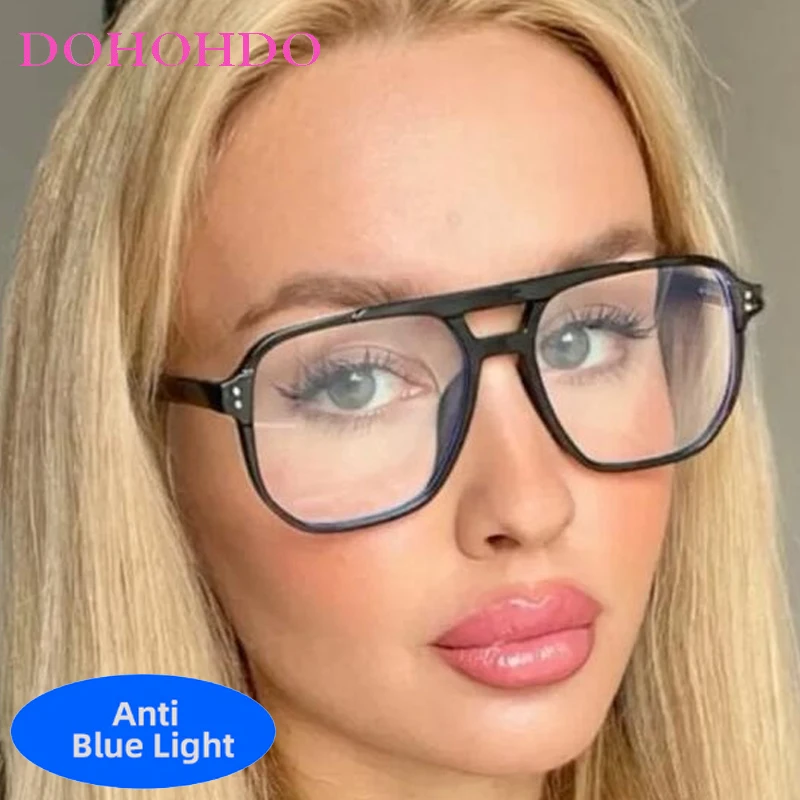 

Vintage Twin Bridge Square Pilot Anti-Blue Light Glasses For Women Men Brand Designer Classic Big Frame Frame