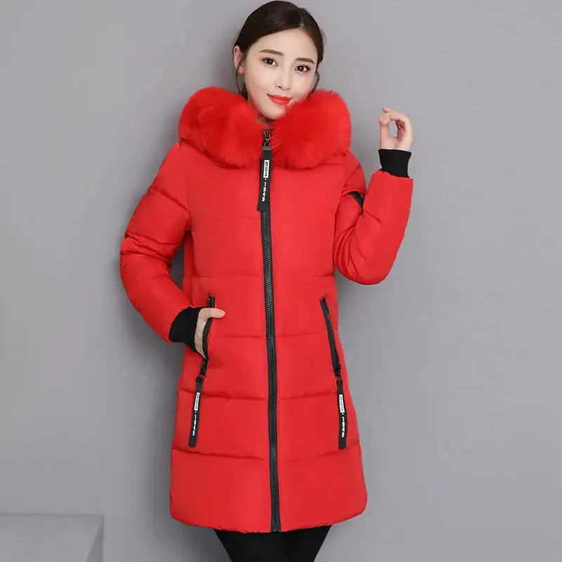 Winter Women's Clothing Mid-length Cotton Coat Korean Fashion Jacket Big Fur Collar Coat Keep Warm Slim Fit with Hood Designer