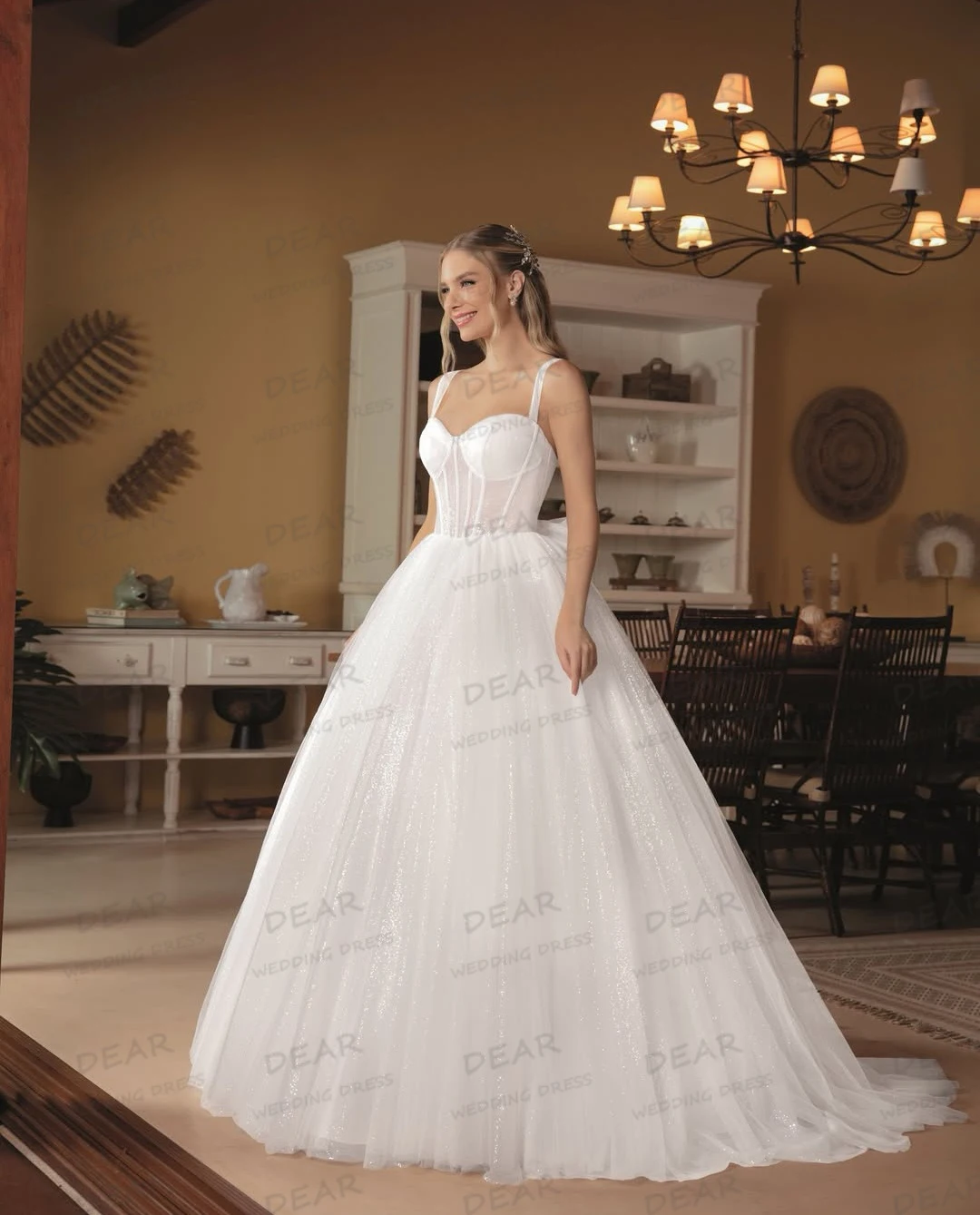 간단한 반짝이는 웨딩 드레스 여성용 A라인 민소매 튤 백리스 레이스업 신부 가운 포멀 베스티도스 데 노비아 맞춤형