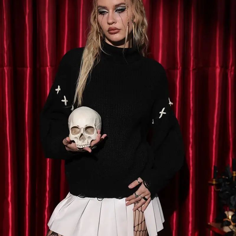 

loween k Sle Long Sve Knitted Sweater Spooky Season Pure Color PU Material Women's Faion Winter Coat