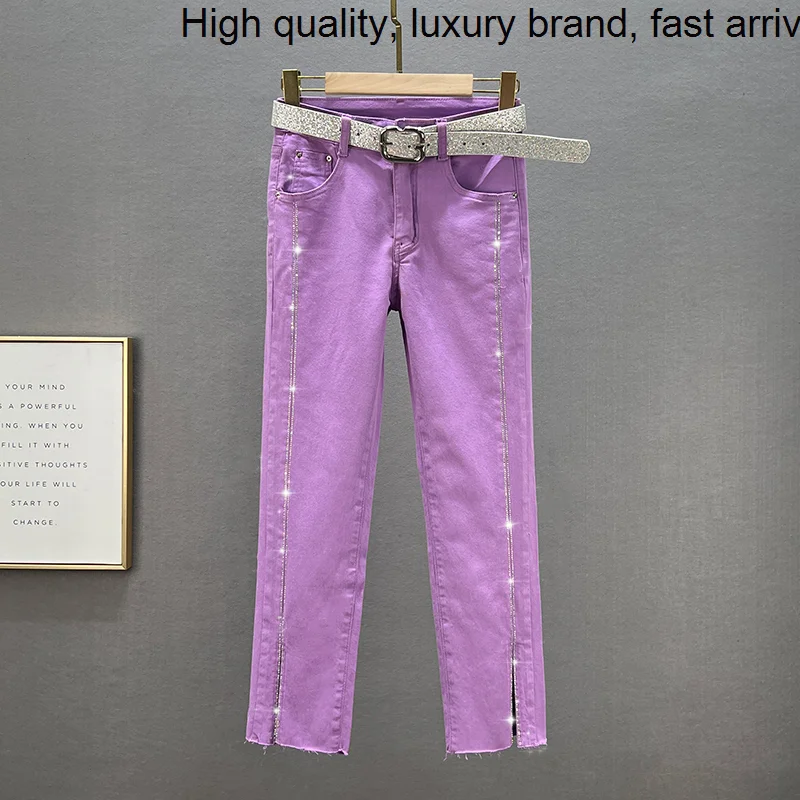 

Jeans Heavy Rhinestones Women 2023 Spring Summer New Purple Pants Stretchy High Waist Slimming Split Cropped Straight Trousers