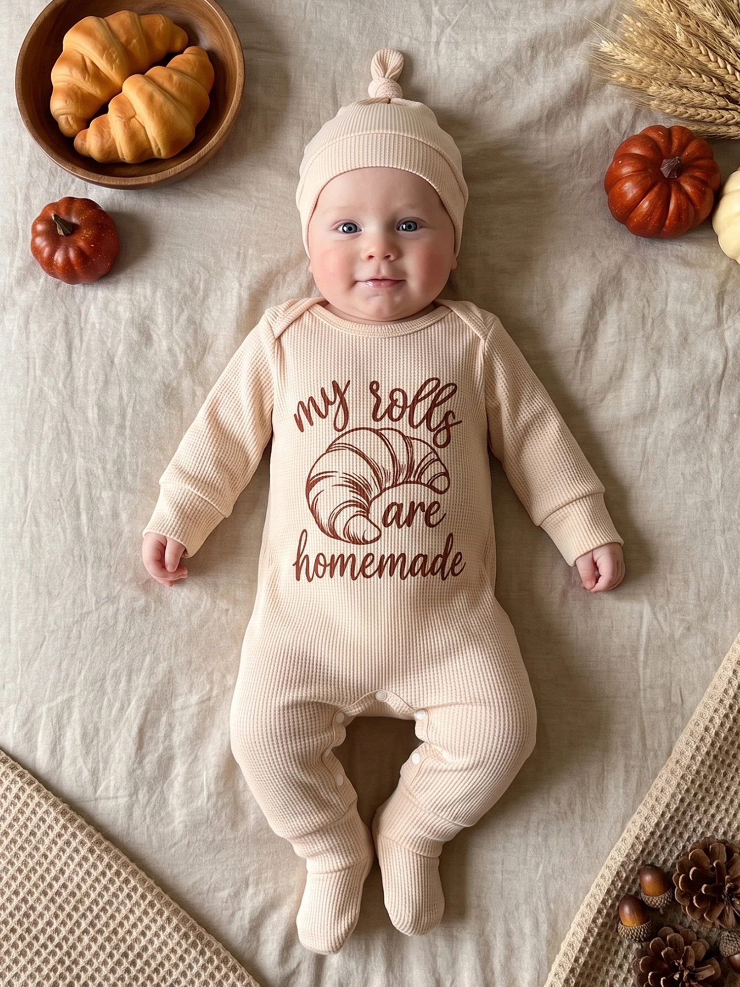 Thanksgiving Hat Romper Waffle Letter Hat Baby-Boy Croissant Print Thanksgiving-Romper-Waffle Bodysuit-