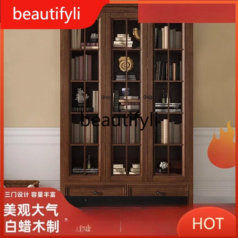 

American all solid wood bookcase with glass door household floor bookshelf ash wood retro with top cabinet D80