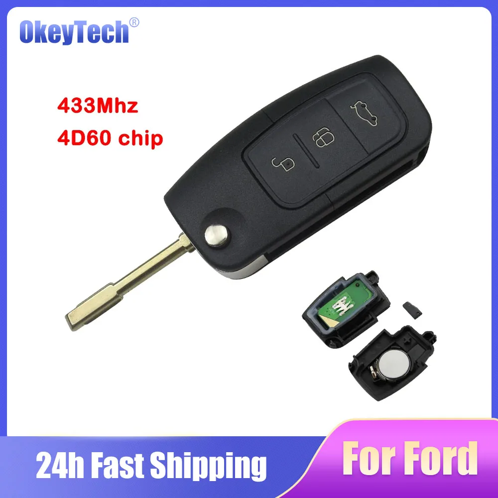 OkeyTech kunci Remote mobil 3 tombol, kunci Flip pisau 433MHZ 4D60 Chip untuk Ford Fusion Focus Mondeo Fiesta Galaxy Automobile FO21