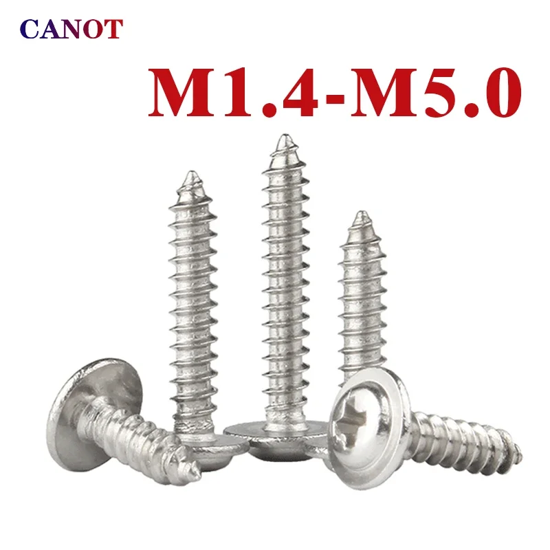 20/ 50/ 100/ 200pcs M1.4 M1.7 M2.6 M3- M5 304 Stainless Steel Cross Phillips Pan Round Head W/ Washer Collar Self-tapping Screw