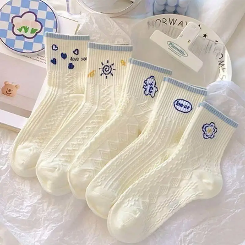 5 Pairs Women's Mid Calf Socks Polyester Jacquard Bear Love Heart Sun Blue Ribbed Crew Socks Cream White Cute Knit Socks