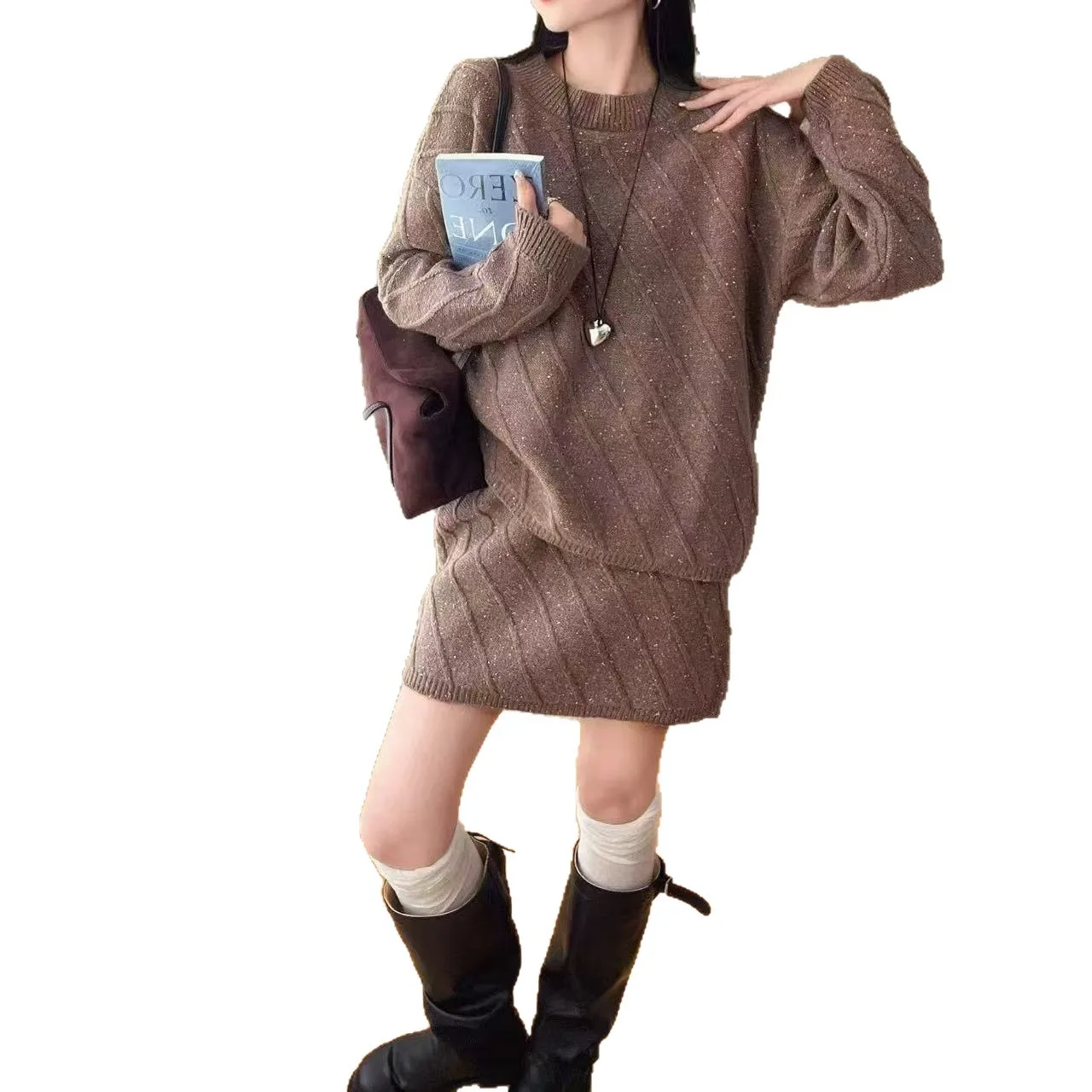 Francês outono inverno feminino sólido elegante em torno do pescoço manga comprida camisola curta malha topos e cintura alta mini saia conjunto de duas peças