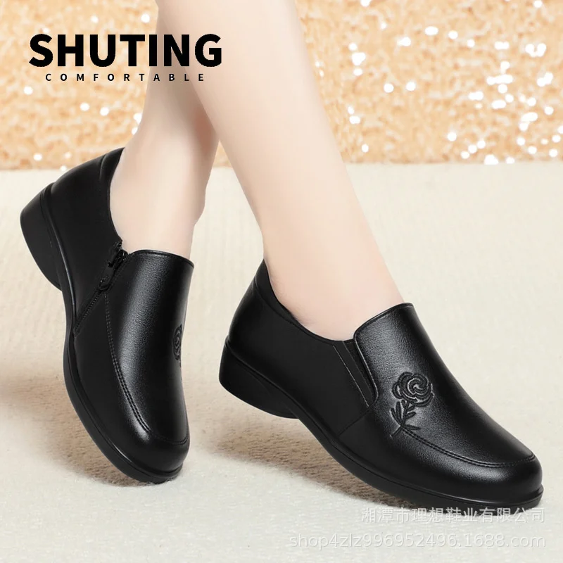 Spring Autumn New Women\'s Flat Shoes Flower Print Round Toe Office Comfortable Anti-slip Casual Thick Sole Black Shoes