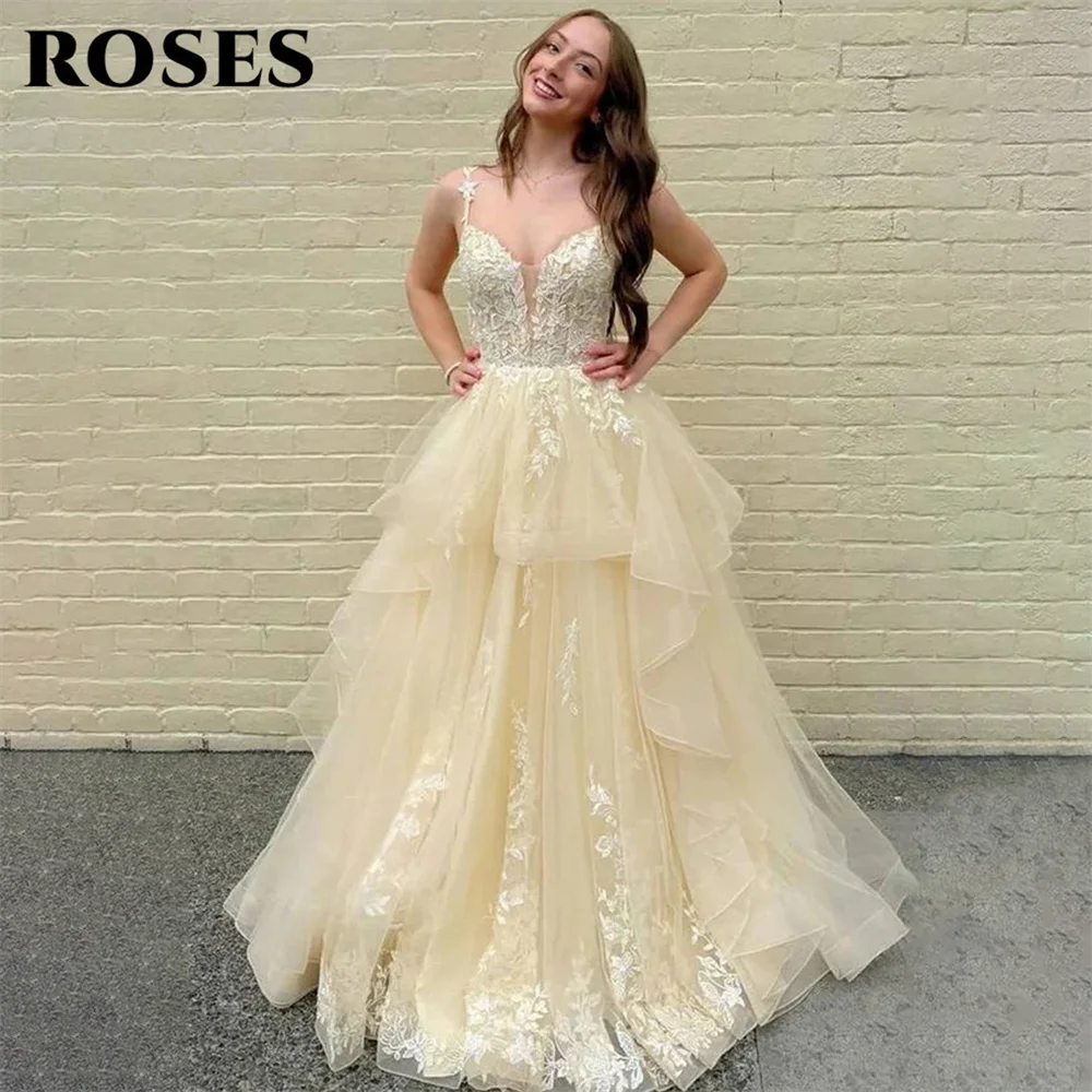 

ROSES Champagne Spaghetti Strap Prom Dresses Lace Applique Sweet Formal Dresses A Line Tulle Party Dresses for Women Customized