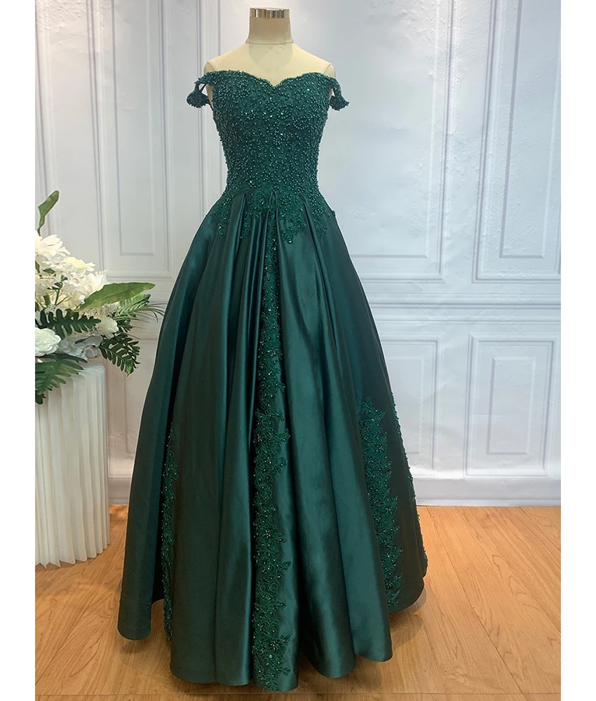 

Customized Graceful Satin A-Line Off the Shoulder Appliques Beading Pearls Evening Dress Fashion Sweetheart Floor Length