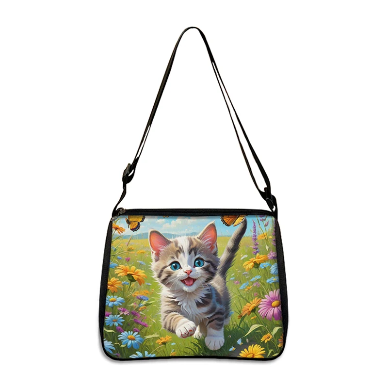 Cute Kitten Painting Shoulder Bags Butterfly Flowers Cat Women Crossbody Bags Handbag Phone Holder Messenger Bag for Travel