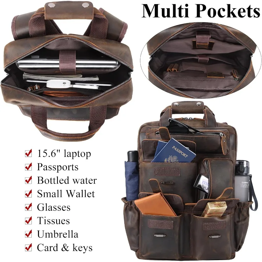 حقيبة ظهر جلدية من Masa Kawa للرجال مقاس 15.6 بوصة حقيبة كمبيوتر محمول متعددة الجيوب كاجوال للسفر باللون البني #5