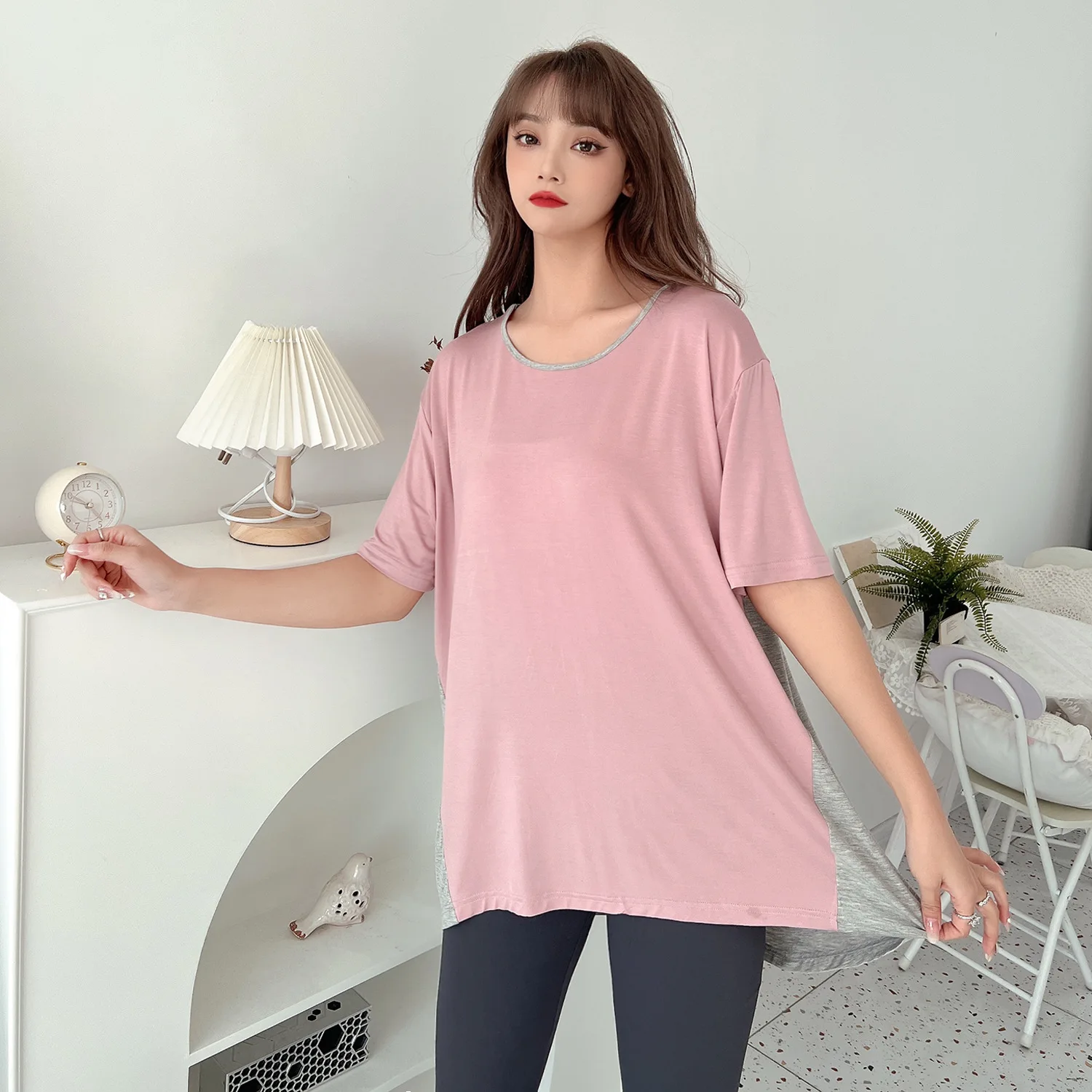 

Female Modal Patchwork Color Sleep Tops Sexy Round Neck Nightwear Casual Asymmetrical Home Clothing Cozy Nightshirt Loungewear