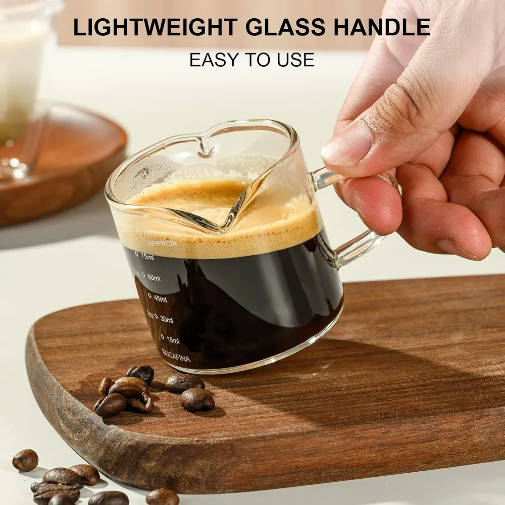 Clear Glass Espresso Cup with Handle 2.5 Ounce Double Spout Barista Measuring Cup for Coffee and Espresso with V-Shaped Mouth Dual Scale Measurement in Ounces and Milliliters Professional Coffee Accessories and Tools for view 4