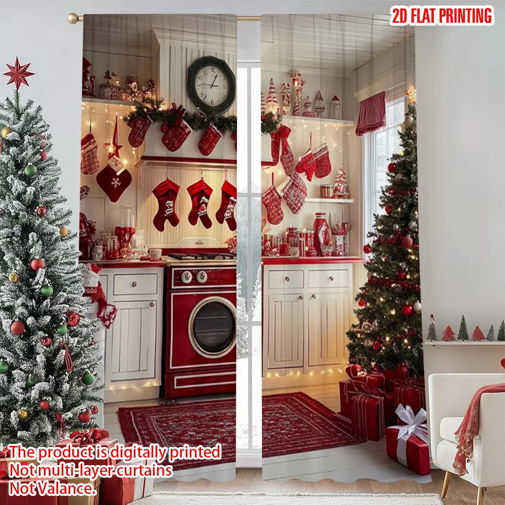 

2pcs 2D flat printing Merry Christmas Curtains Christmas 14 Polyester Without Electricity Holiday Decorations Perfect for New