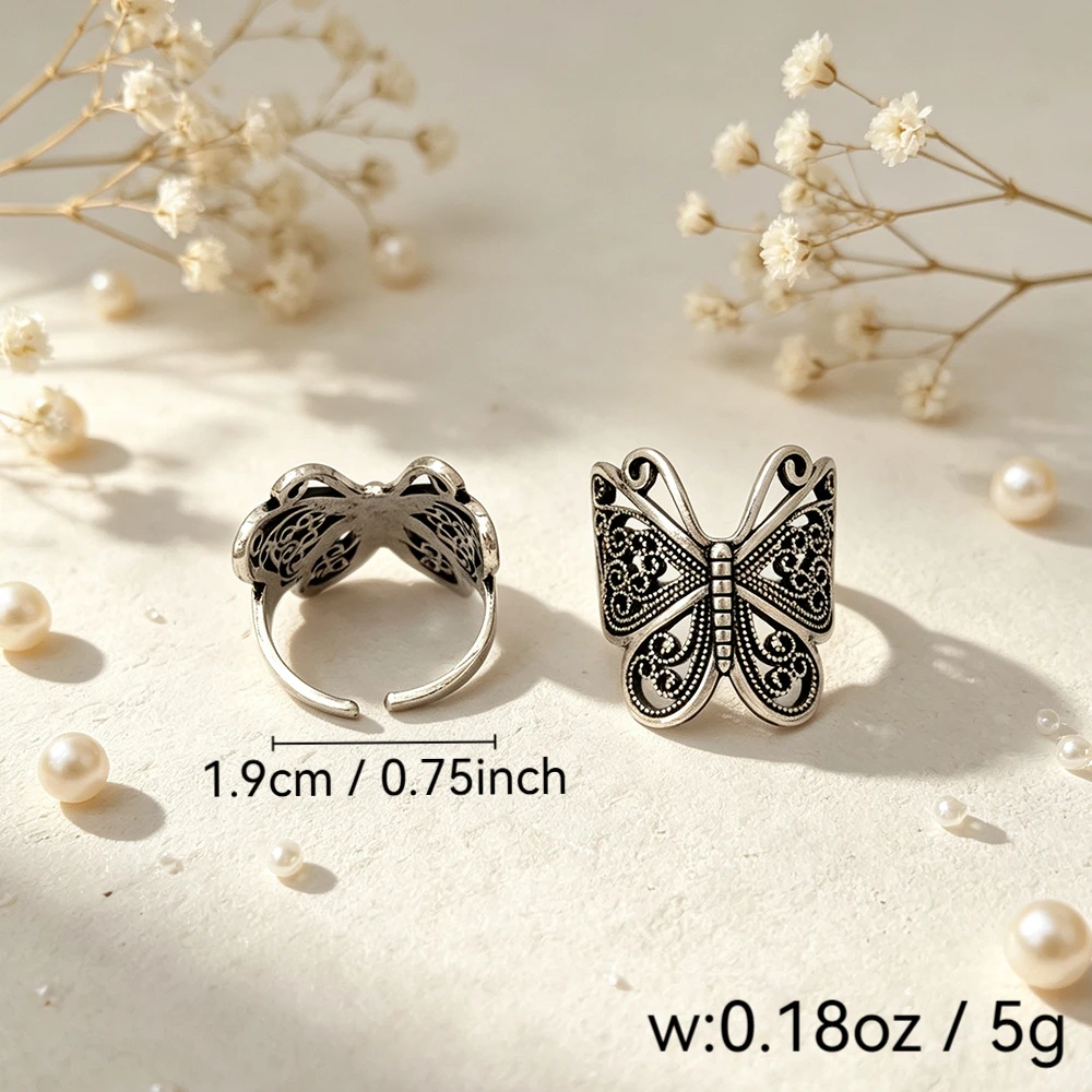 Vintage Distressed Hollow Butterfly Open Ring Set of Two, Wide Patterned Adjustable Rings, Everyday Women's Decorative Hand Accessories