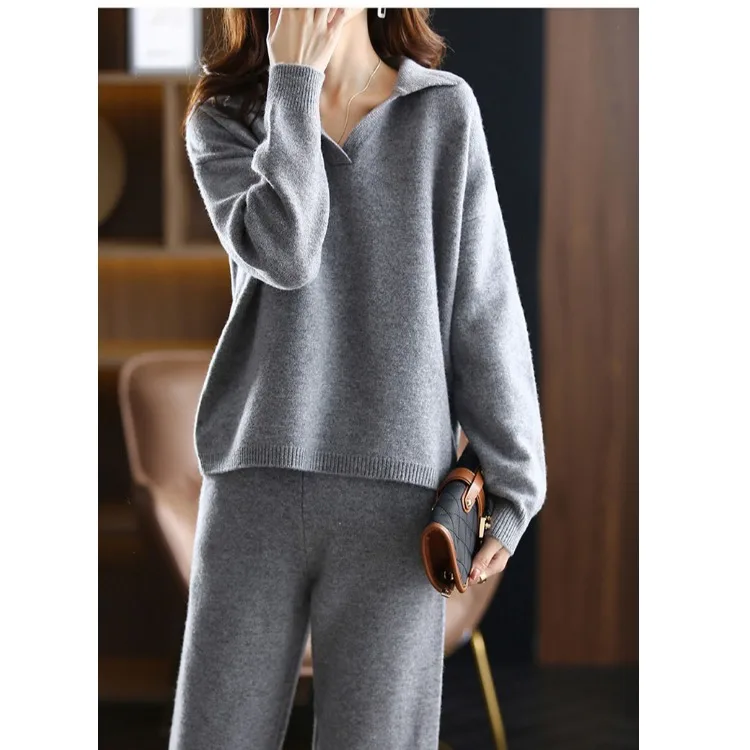 Ladies Thickened Solid Color Loose Knit Two-piece, Lapel Pullover Sweater+wide-leg Pants Casual Knit Set for Women Autumn/winter