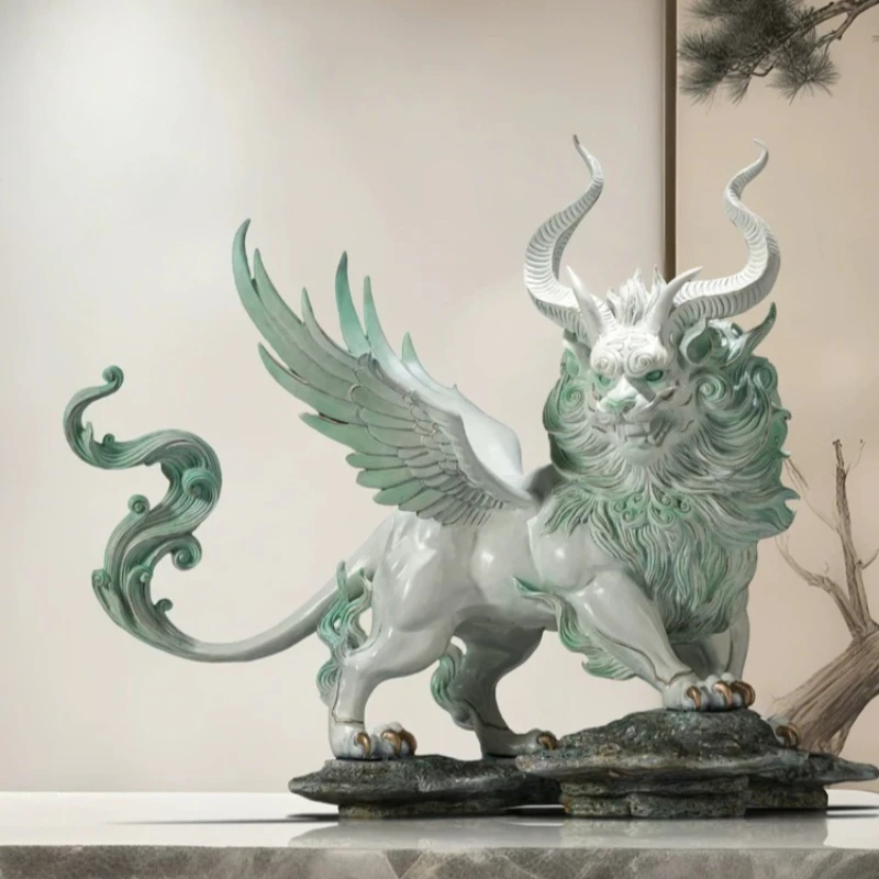 Brass Shan Hai Divine Beast Bai Ze Figurine Home Living Room Office Decor Grand Opening Gift