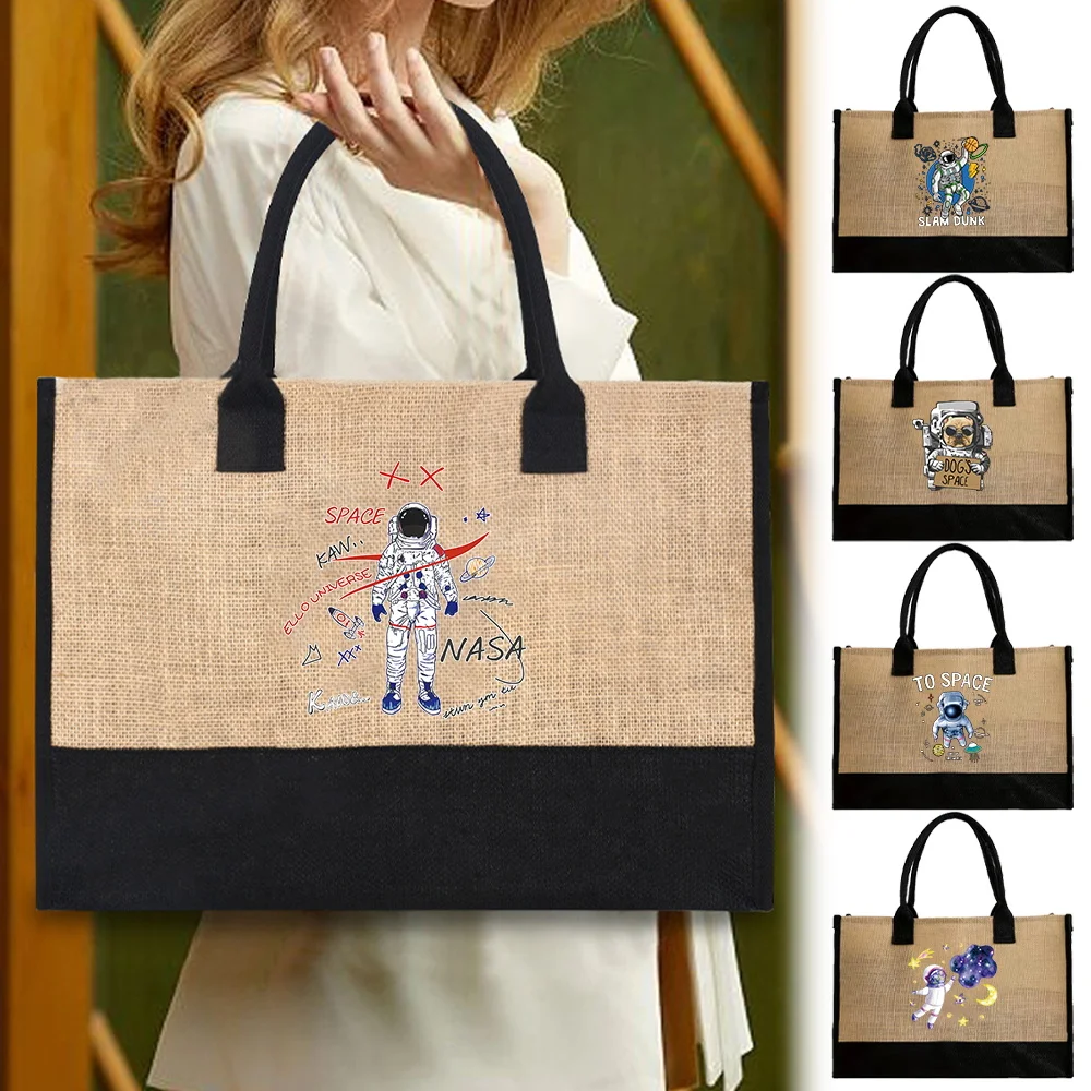 

Reusable Shopping Bag Vintage Jute Bag Portable Imitation Sacks Handbags Large Capacity Grocery Bags Astronaut Series