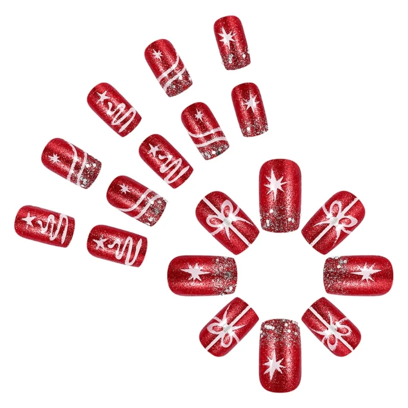 24PCS Short Square Christmas Press On Nails With Glitters Silver Tree Snowflake Designs on Nails For Women
