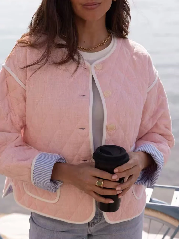 

European style new women's fashion versatile temperament simple round neck pocket decorated cotton coat