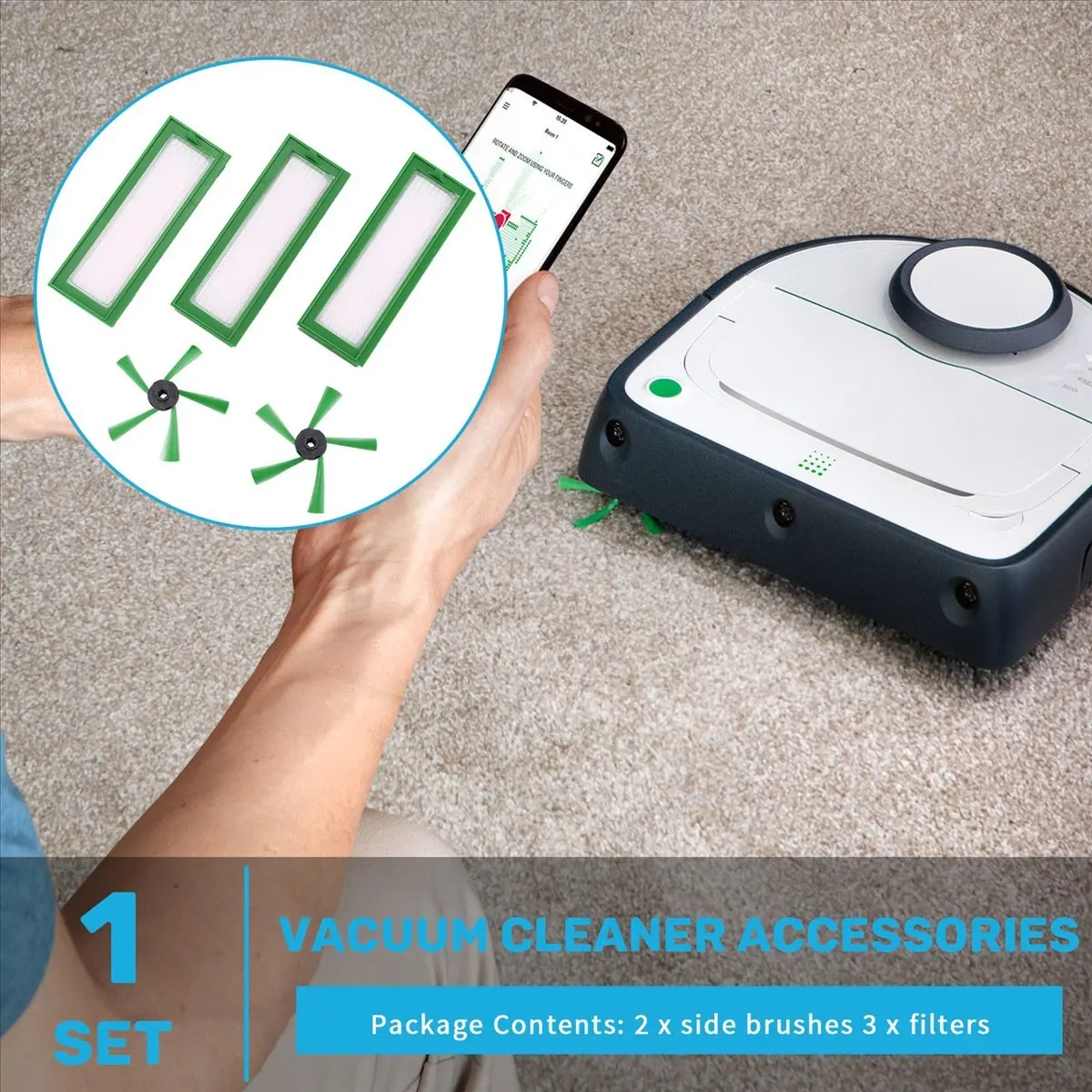 Super Sale Accessories Set for Vorwerk Kobold VR200 & VR300 Vacuum Robots - 3X HEPA Filters & 2X Side Brushes